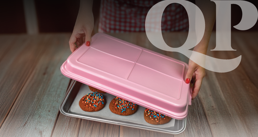 One of our quality baking pans with a pink lid